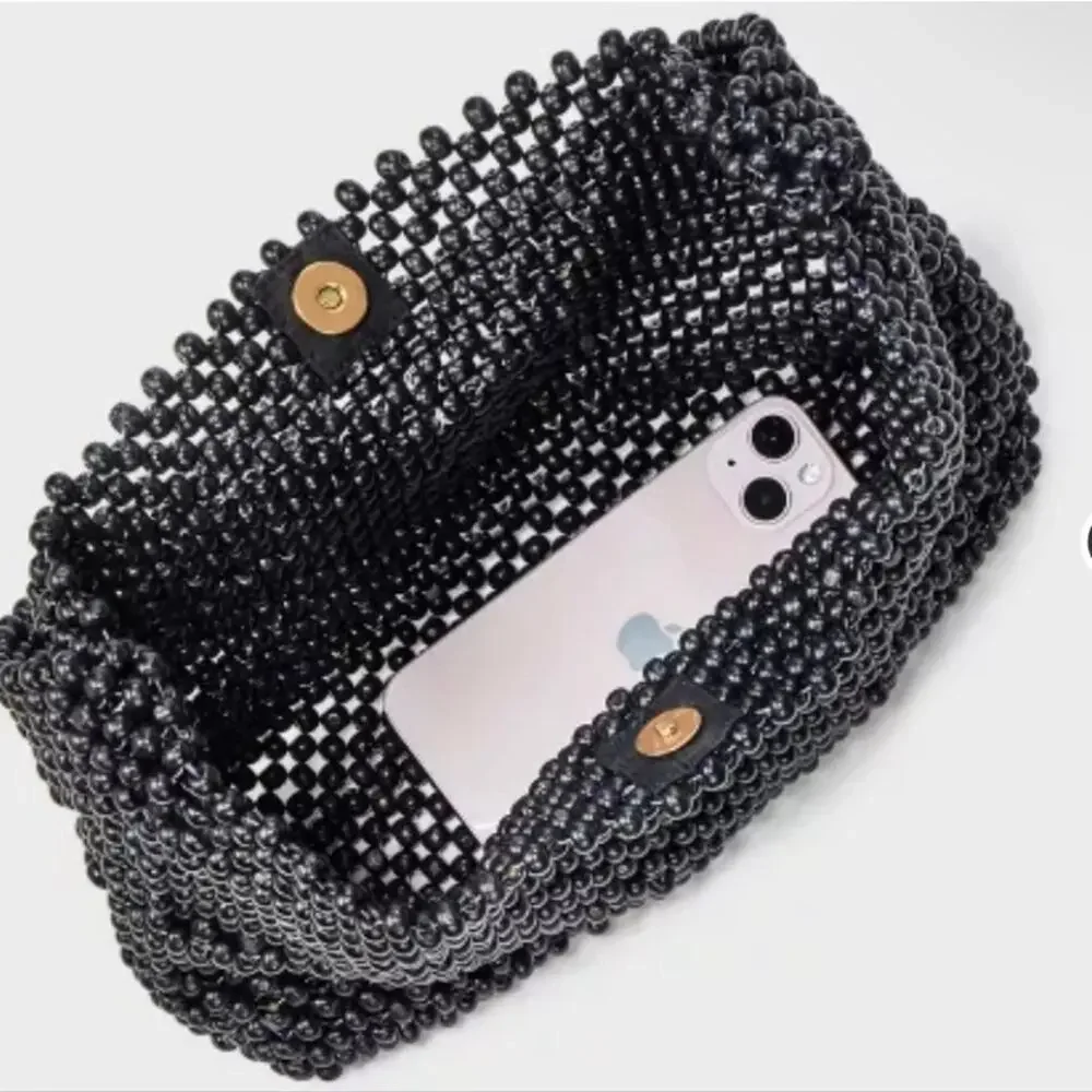 A New Day Black Beaded Handbag – Chic Shoulder Purse with Snap Closure